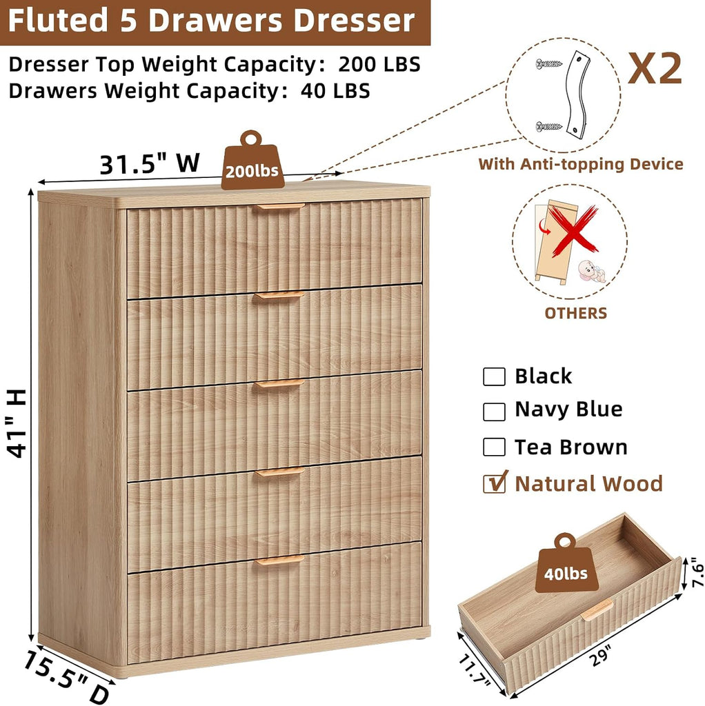 Fluted 5 Drawers Dresser , 41" Tall Modern Chest of Drawers with Metal Handle, Curved Profile Design,Natural Wood