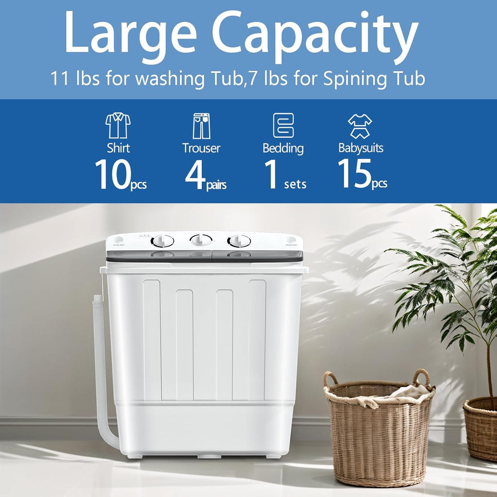 Portable Washing Machine, 18lbs Compact Laundry Washer, Free Drying Rack & 10 Hangers, 11lbs Wash & 7lbs Spin Dry