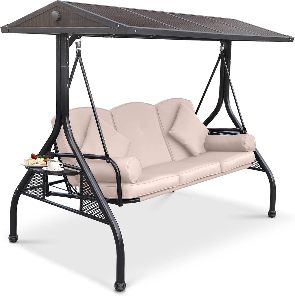 Hardtop Patio Porch Swing with Convertible Backrest & Side Tables | UV protection hardtop, Convertible Backrest, 2