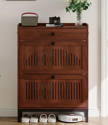 Shoe Cabinet with 2 Flip Drawers and 1 Large Drawer, Wooden Shoe Organizer Cabinet with Adjustable Shelf, Shoe