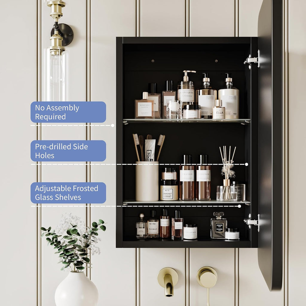 Medicine Cabinet with Black Metal Frame Mirror, Overall 16.5"x24" | Bathroom Wood Wall Cabinet with Mirror