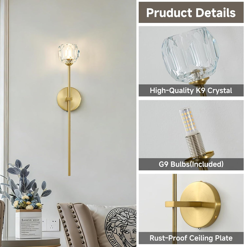 Gold Crystal Wall Sconces Set of Two with G9 Bulbs, Mid Century Modern Diamond Light Brass Vintage Long Lighting