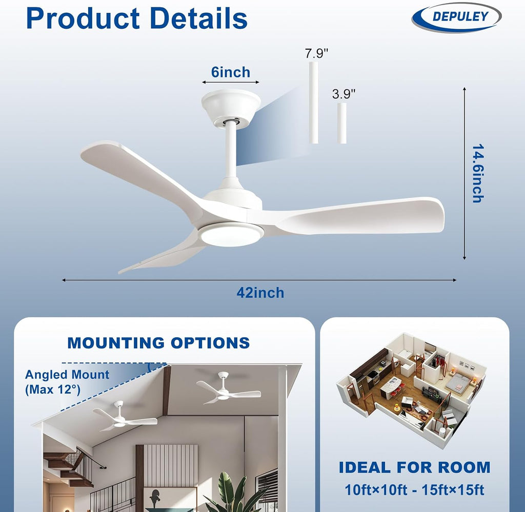 42-Inch Ceiling Fan with Light: White 3 Blade Indoor Outdoor Fans for Patios - Dimmable Ceiling Fan with Remote APP Control Ultra Quiet DC Motor Reversible 6 Speed Timer