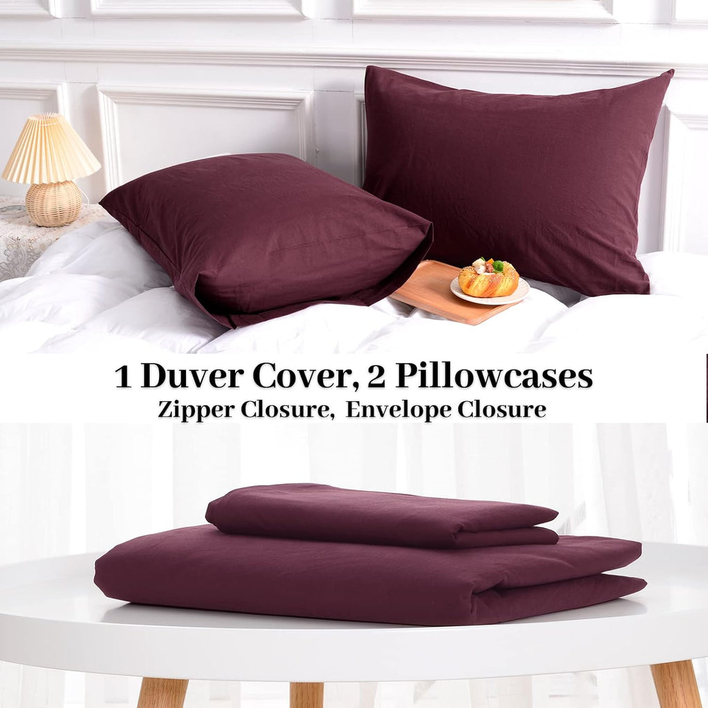 Duvet Cover Set Linen Look Textured 100% Washed Cotton Duvet Cover Burgundy Dark Red 3 Pieces Bedding Set