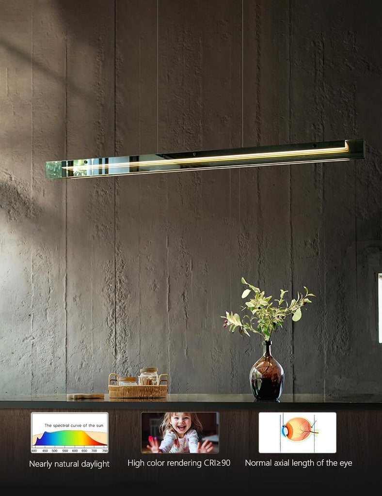 Glass Modern Black Linear Pendant Light - LED Hanging Kitchen Island Lights, Adjustable Dimmable Ceiling Fixtures