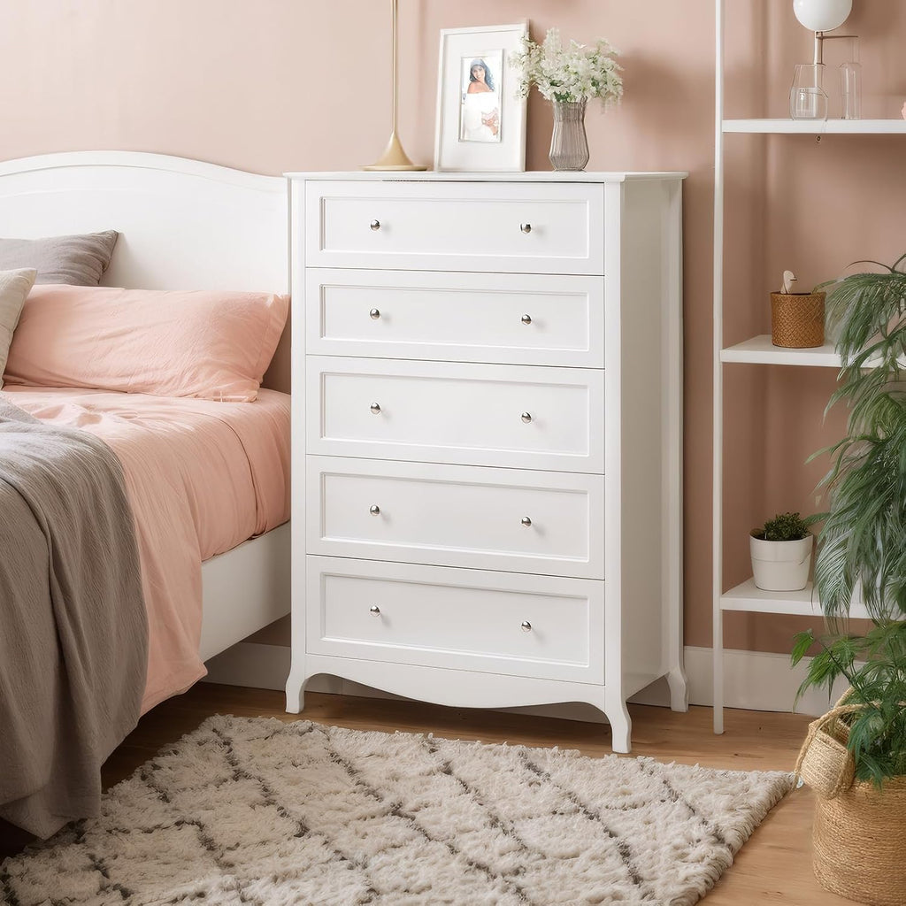 White Dresser 5 Drawer Chest of Drawers , 44.5" Tall Wood Dresser with Drawers, 29.92" W*15.75" D*44.49" H