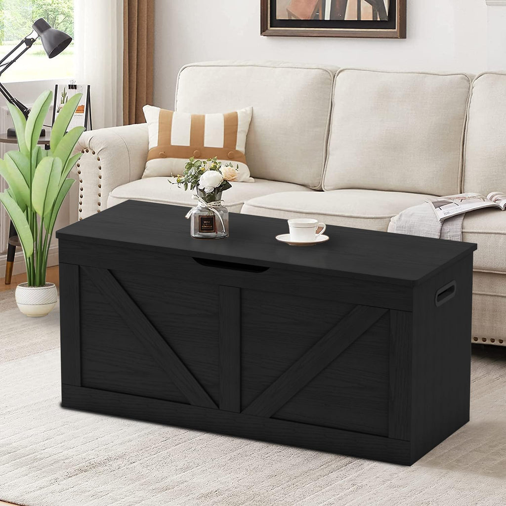 39.4" Storage Chest, Wooden Storage Bench, Large Storage Trunk | Entryway Shoes Bench with 2 Safety Hinges, Black