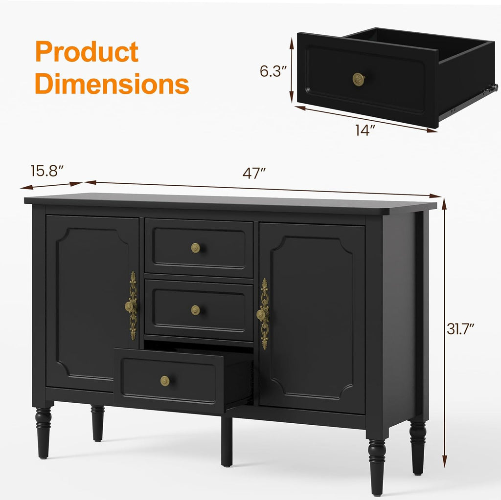 Buffet Cabinet with 2 Doors & 3 Drawers, Vintage Sideboard with Storage, Painted Coffee Bar Table with Solid Wood Legs