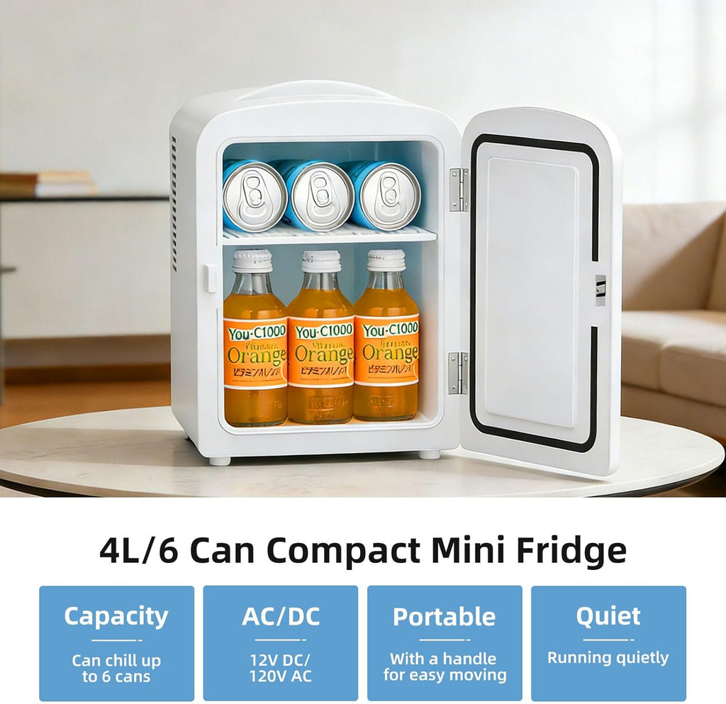 4L/6 Can Portable Mini Fridge,Personal Compact Refrigerator,Small Cooler for Food,Drinks or Skin Care, AC/DC for Bedroom, Car, Office & Dorm, White