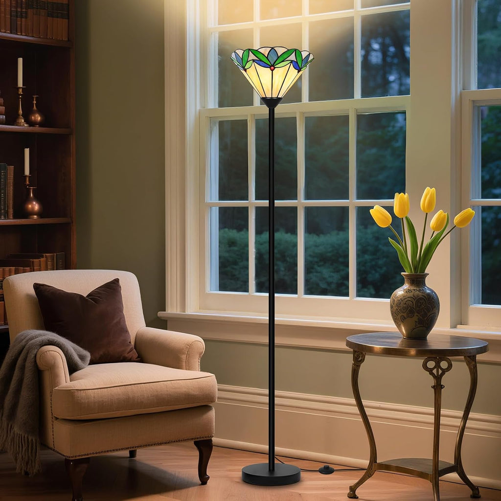 Floor Lamp with Tree Leaf Stained Glass Shade, Torchiere Floor Lamp, Tall Corner Pole Lamp with Foot Switch