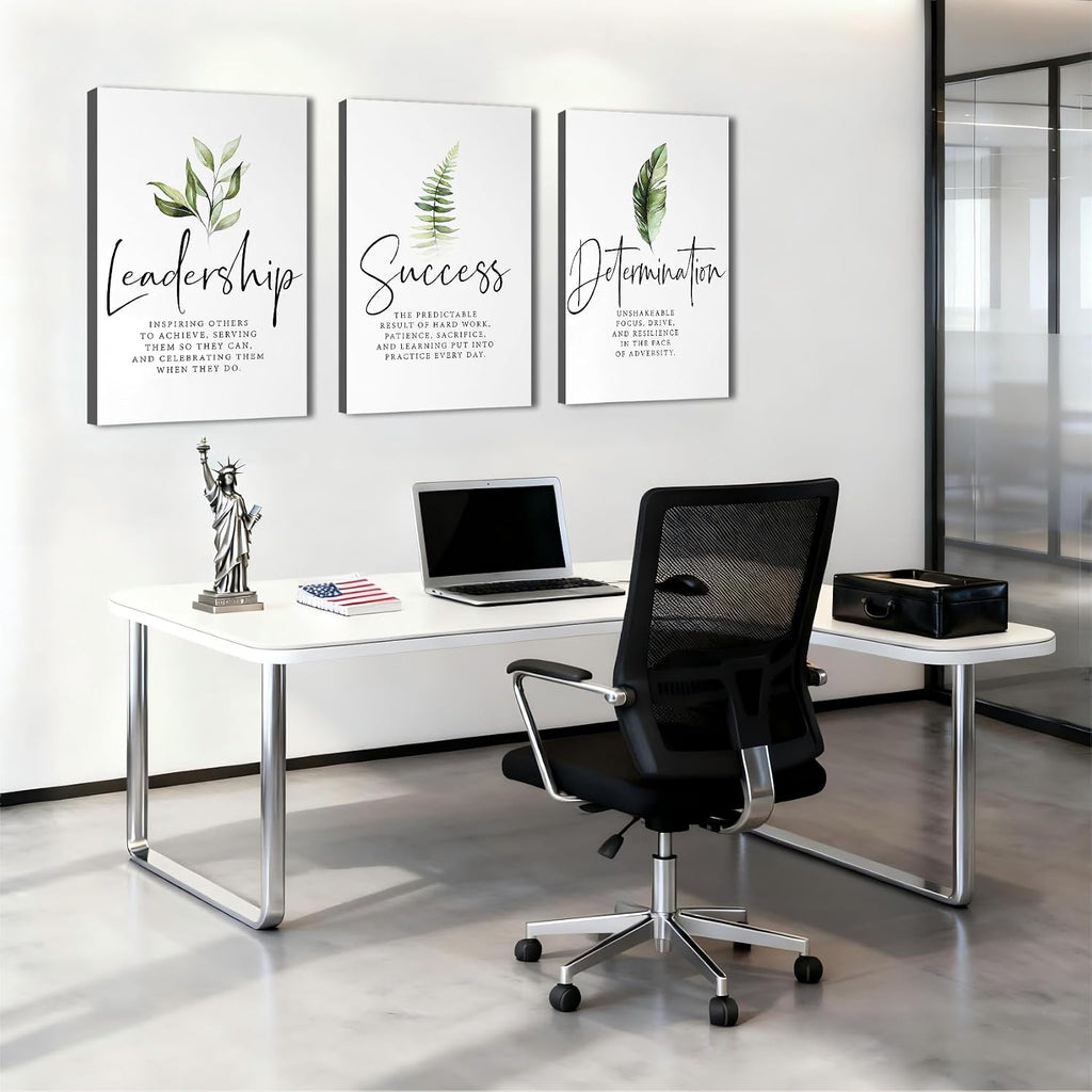 Set of 3 Framed Canvas Art - Motivational Office Wall Decor, Leadership/Success Quotes with Leaves, Inspirational
