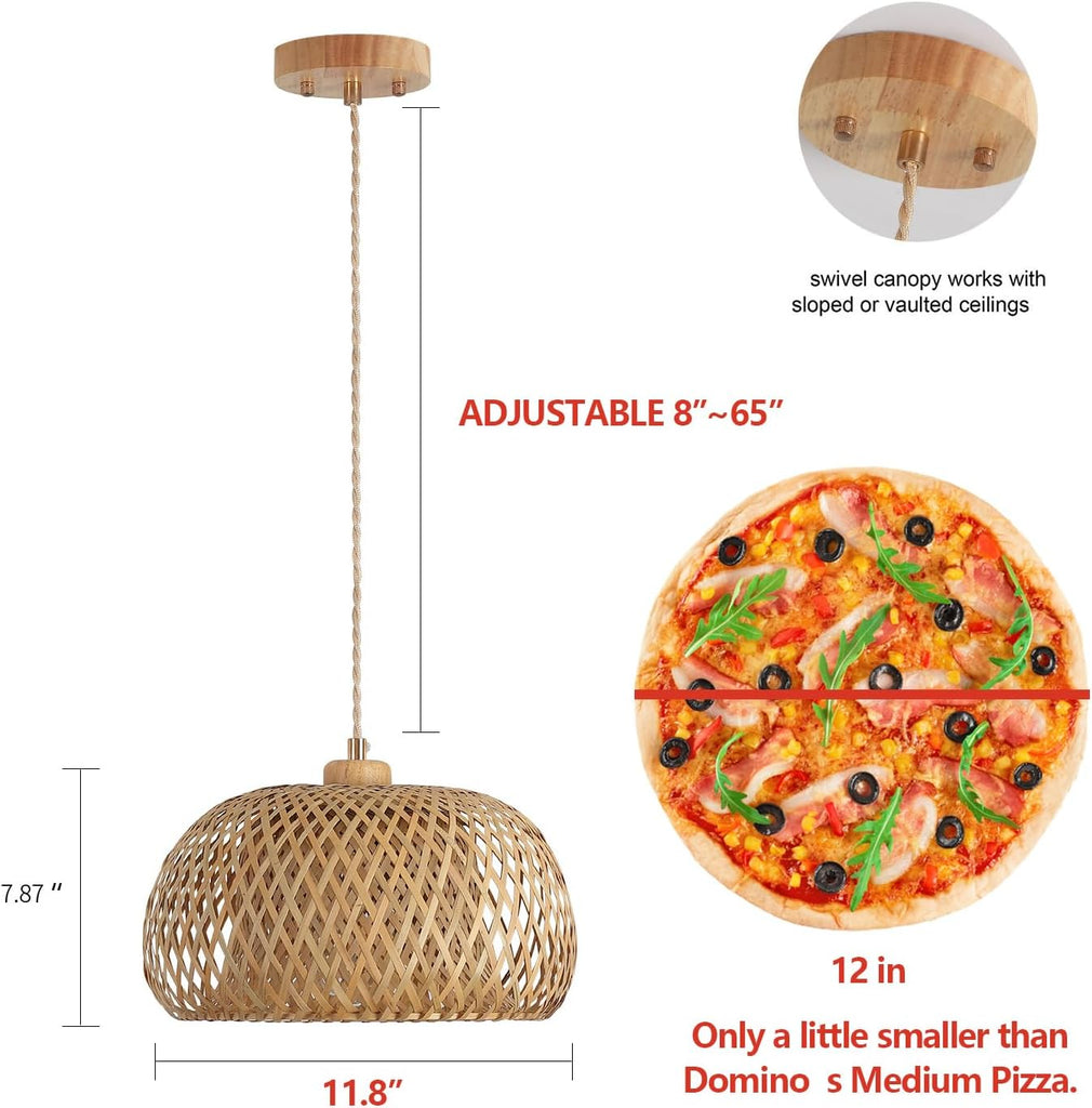 Bamboo Pendant Light Fixture One-Light Adjustable Boho Basket Handmade Woven Pendant Lighting for Kitchen Island Sink
