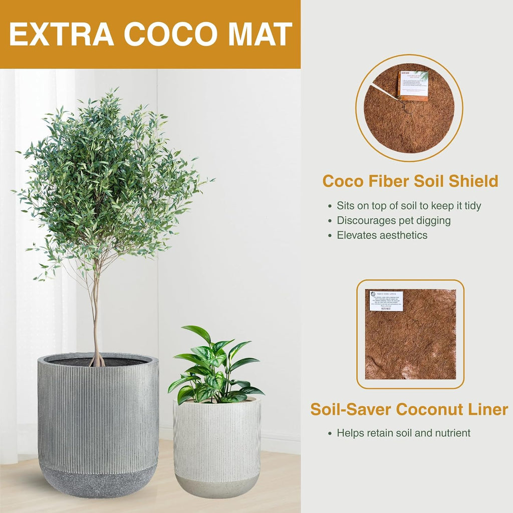 18.7" H x 16.9" D Premium Radius Fiberstone Planter - Charcoal | 15" Pot Opening, Ribbed, Included 2 Extra Coco Mats