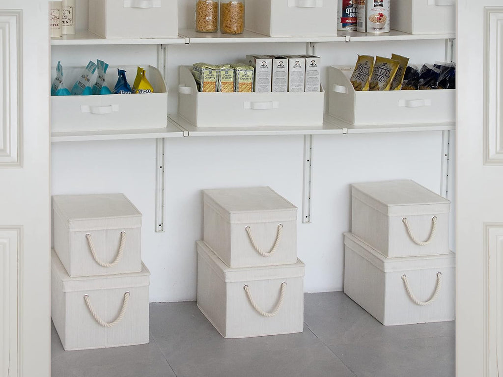 Storage Bins with Lids, Decorative Storage Boxes with Soft Rope Handles, Foldable Stackable Storage Baskets for