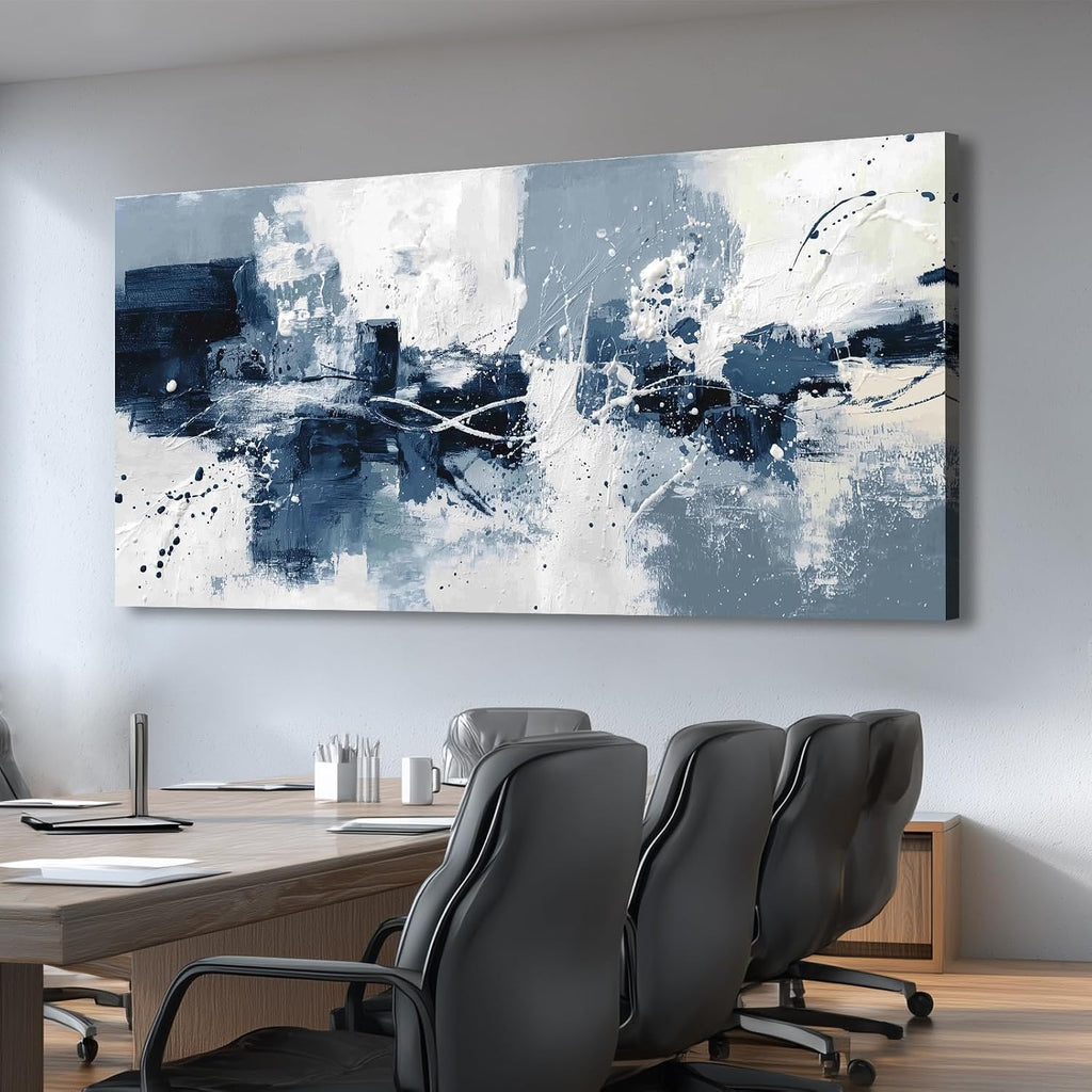 Large Navy Blue White Abstract Wall Art Modern Geometric Abstract Canvas Painting Prints Minimalist Artwork Dining