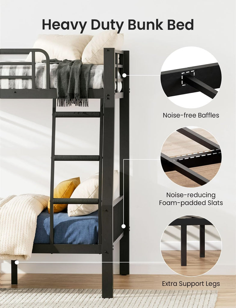 Full XL Over Queen Bunk Bed for Adults, Heavy Duty Metal Bed Frame with Full-Length Guardrails & Anti-Slip Ladder