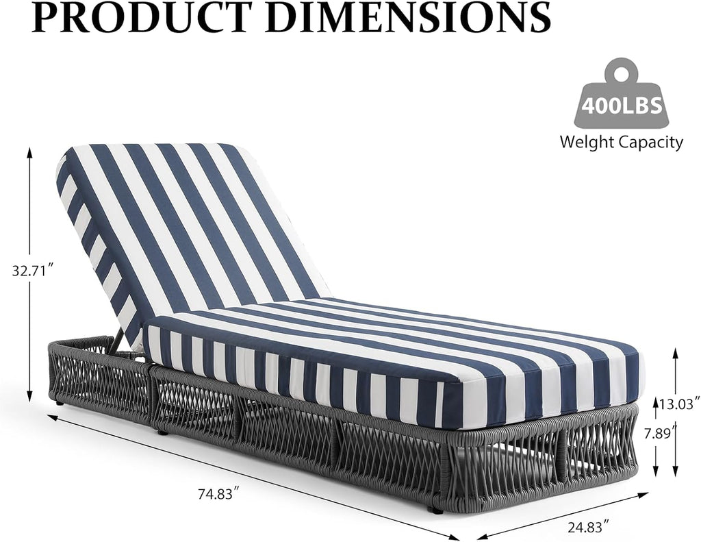 Outdoor Chaise Lounge Chair, 6-Pos Recliner, 2-Pack, Gray/Stripe Blue | 6 Adjustable Backrest Pool Lounge Chair