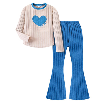 Toddler Girl Fall Clothes Set piece Long Sleeve Heart Ribbed Knit Shirt & Flare Winter Sets 7