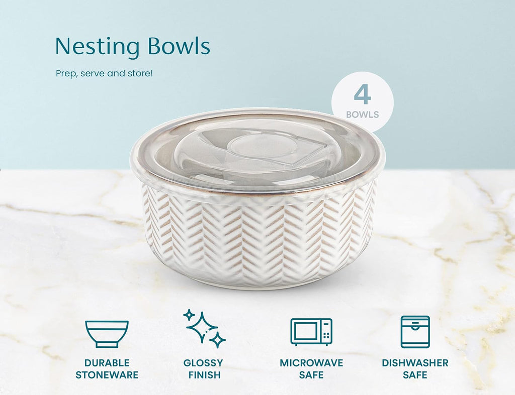 Serving Bowls, with Lids, Ceramic Nesting Bowls, Set of 4, Embossed, Kitchen, Prep, Stackable, Gift, Microwave and