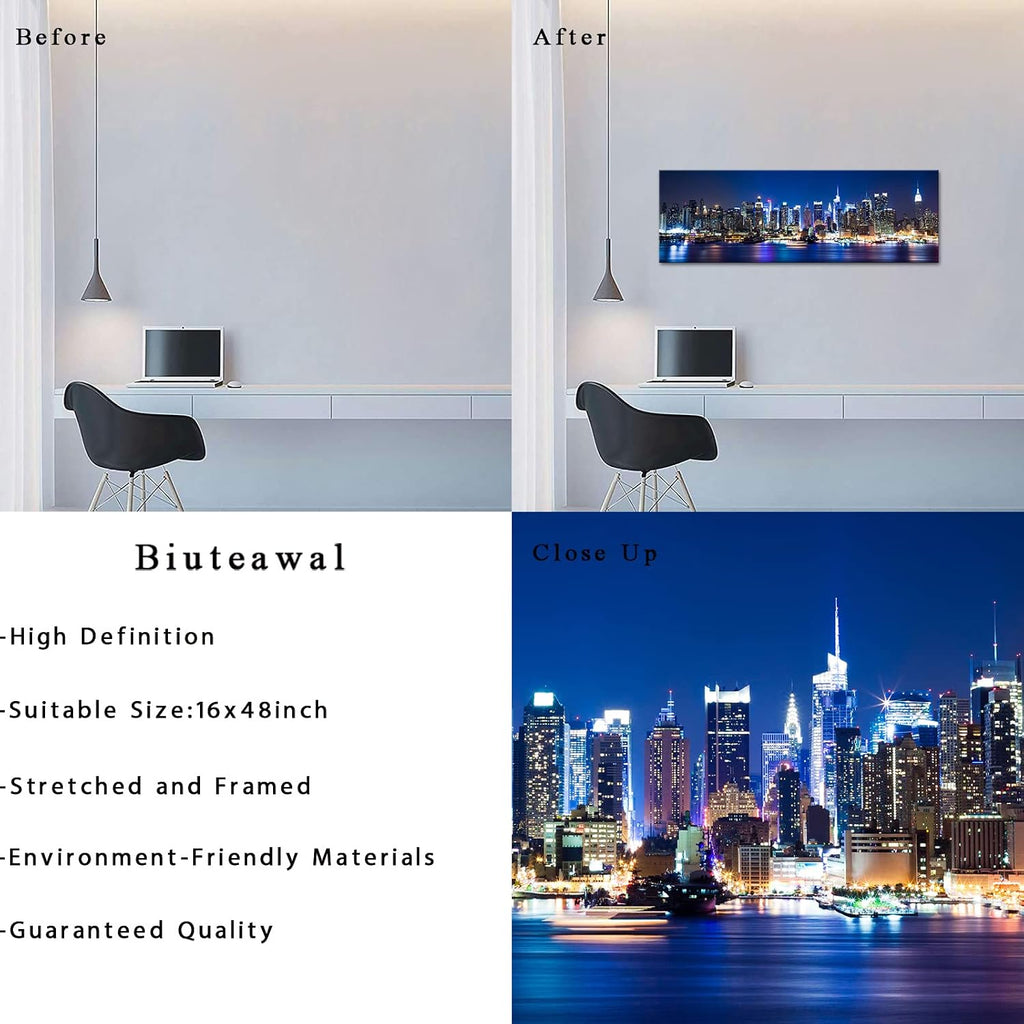 New York Wall Art Living Room Decor Beautiful Manhattan City Skyline Night Light Photo Poster Prints on Canvas Blue