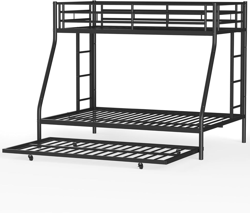 Bunk Bed Twin Over Full with Trundle, Heavy-Duty Twin&Full Frame with Full-Length Guardrail and Two Ladders