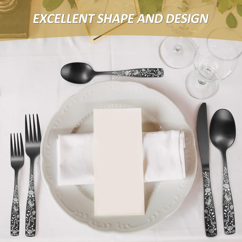 Matte Black Rose Flower Pattern Silverware Set for 8, 40-Piece Flatware set