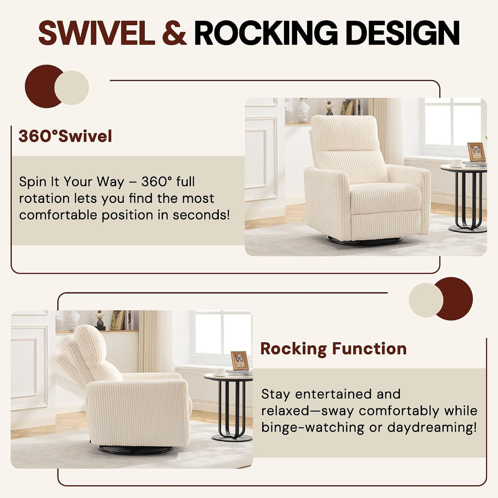 360° Swivel Glider Rocker Manual Recliner, High Back Reclining Chair with Curved Armrests, Beige Corduroy Upholstered