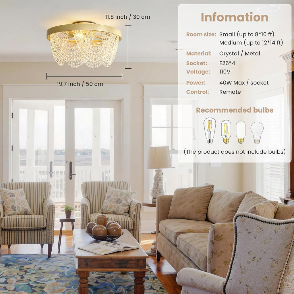Crystal Caged Ceiling Fans with Lights Flush Mount, 20 inch Crystal Fandelier Ceiling Fan with Light and Remote