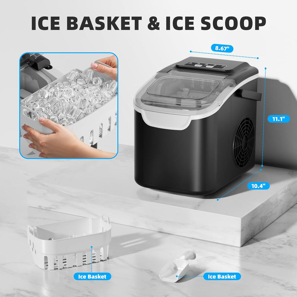 Countertop Ice Maker Machine, 8 Cubes in 6 Mins, 26.5 lbs/Day, Self-Cleaning, 2 Sizes, Ultra-Quiet