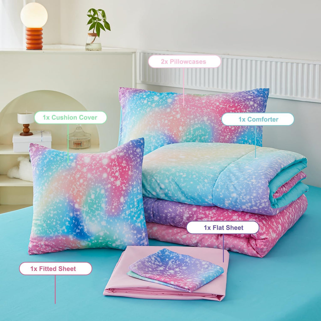Pink Green Girls Comforter Set, 6 Pieces Colorful Rainbow Kids Bedding Sets, Tie Dye Ombre Glitter Bed in A Bag