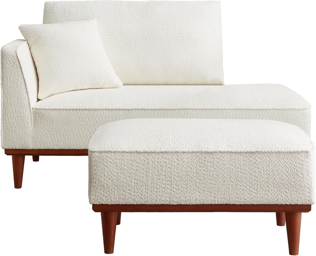 Modern Chaise Lounge Chair and Ottoman — White Boucle