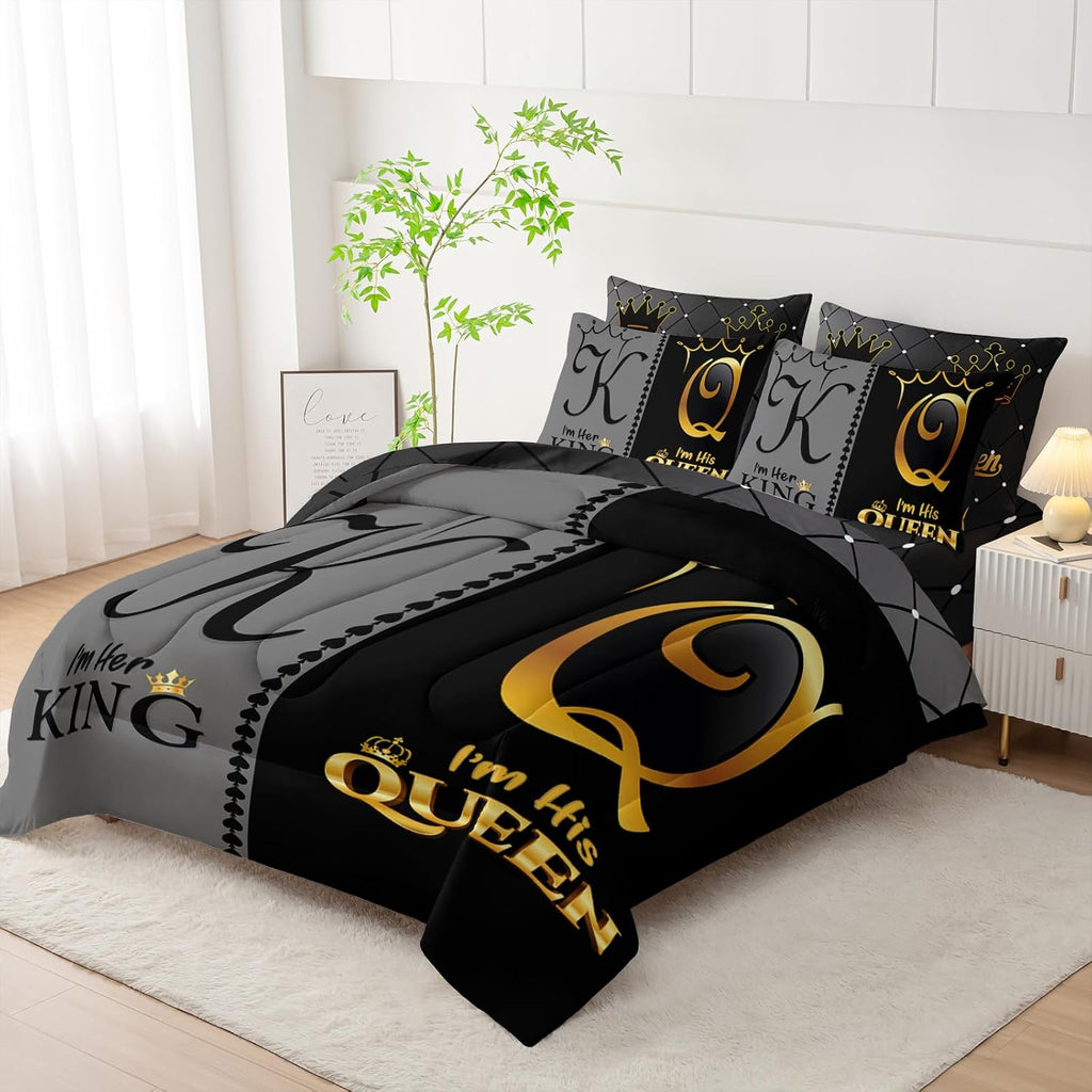 Grey and Black Comforter Set Full IZE,7-Piece K and Q Printed Crown Couple Bed in a Bag,His Her Lover Comforter & - Set of 7
