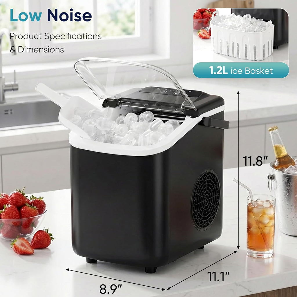 Ice Maker Countertop, Ice Machine with Portable Handle, Basket and Scoop, 26lbs Daily, 9 Bullet Cubes in 6~8 Mins