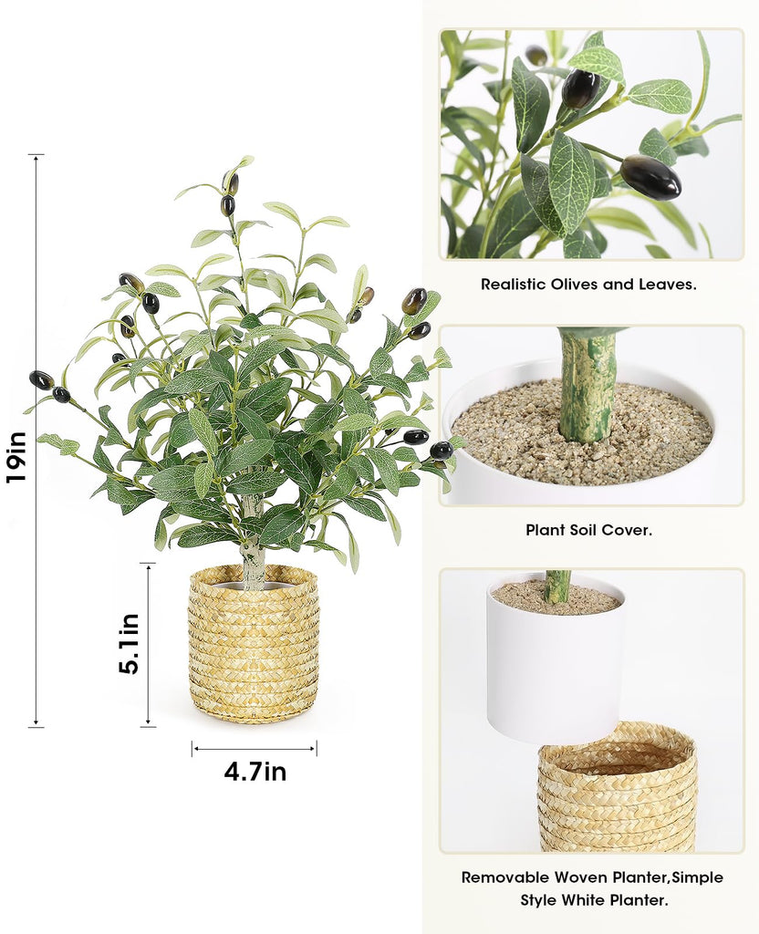 19-Inch Artificial Olive Tree with Hand-Woven Basket, Small Faux Potted Plant with 18 Lifelike Fruits & 226 Leaves