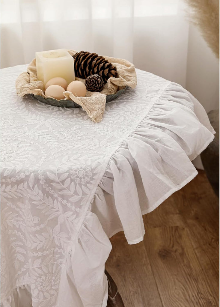 Vintage Ruffle Tablecloth for Rectangle Tables,Farmhouse Embroidered Cotton White Lace Table Cloth C