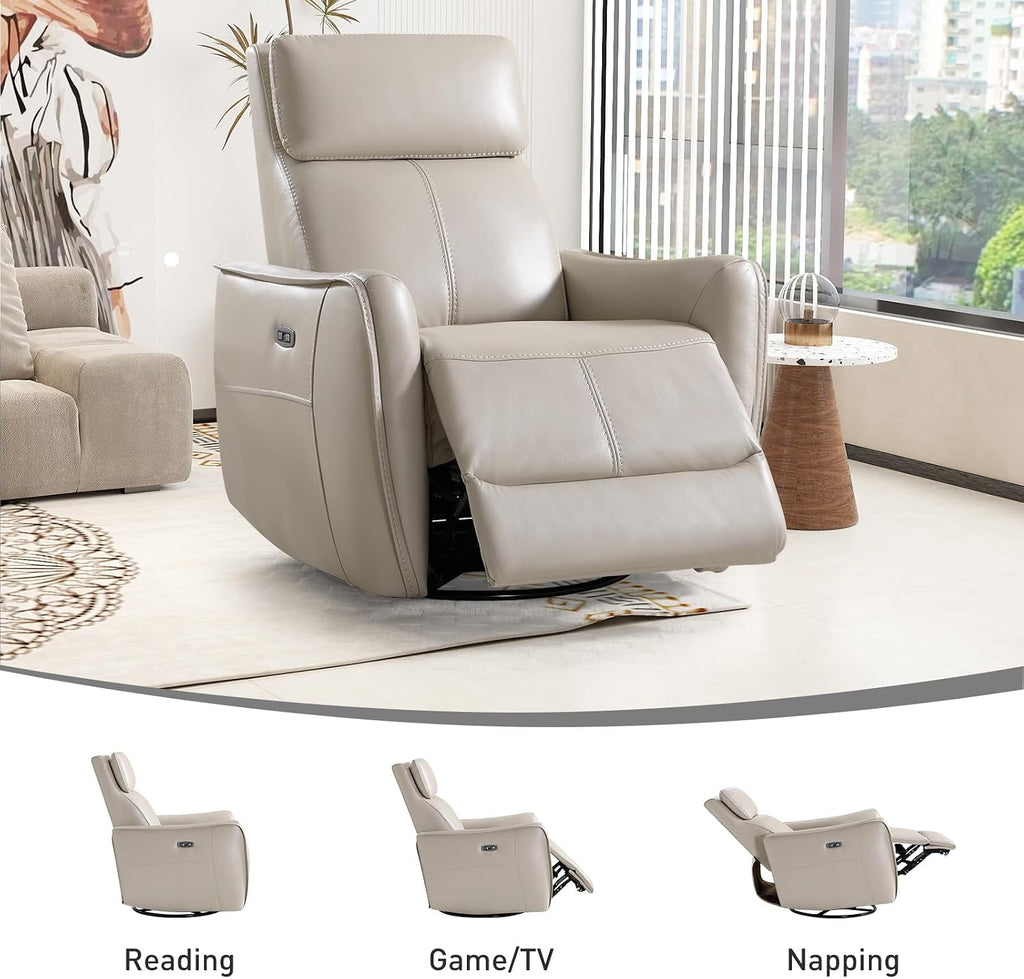 Power Swivel Rocker Recliner Chair with USB Port, Wide Seat, Head & Lumbar Support, Upholstered Glider Chair, Silver