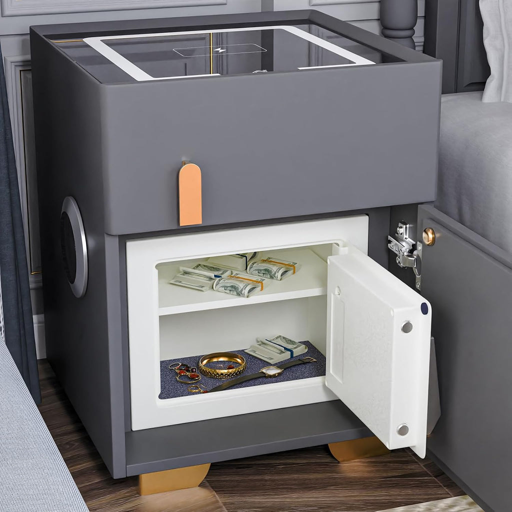 Smart Nightstand with Drawers and Safe,Nightstand with Wireless Charging, Modern Bedside Table with Strongbox, USB
