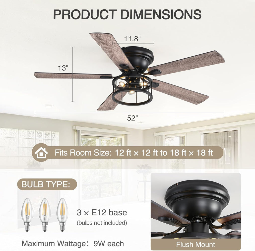 52 Inch Flush Mount Farmhouse Rustic Ceiling Fan with Light and Remote, Reversible AC Motor, 5 Dual Finish Blades
