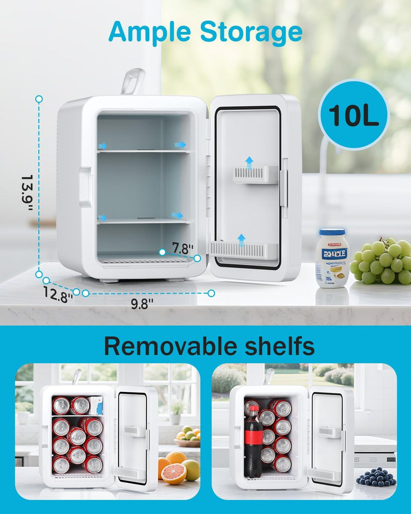 Compact Mini Fridge, 10L Portable Small Refrigerator, 2.6 Gal Mini Fridge with AC/DC Adapters, Small Cosmetics Cooler