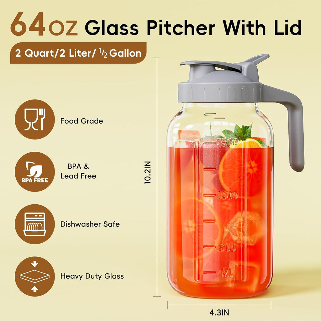Glass Mason Jar Pitcher, 64 oz Wide Mouth Jug with Pour Spout Handle Lid for Cold Brew Coffee, Ice Beverage, Iced