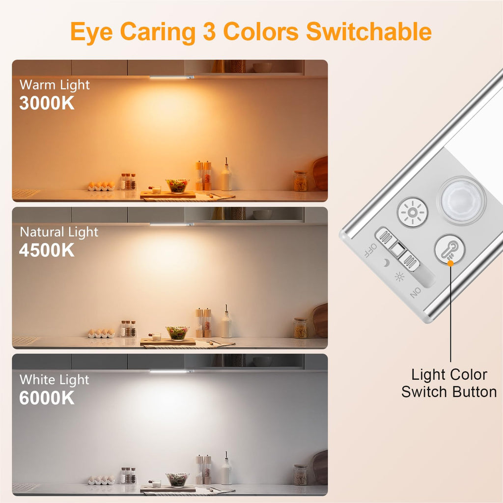 Under Cabinet Lighting 10.2inch,2 Pack Eye Caring 3-Color 4 Working Modes Dimmable Motion Sensor Light