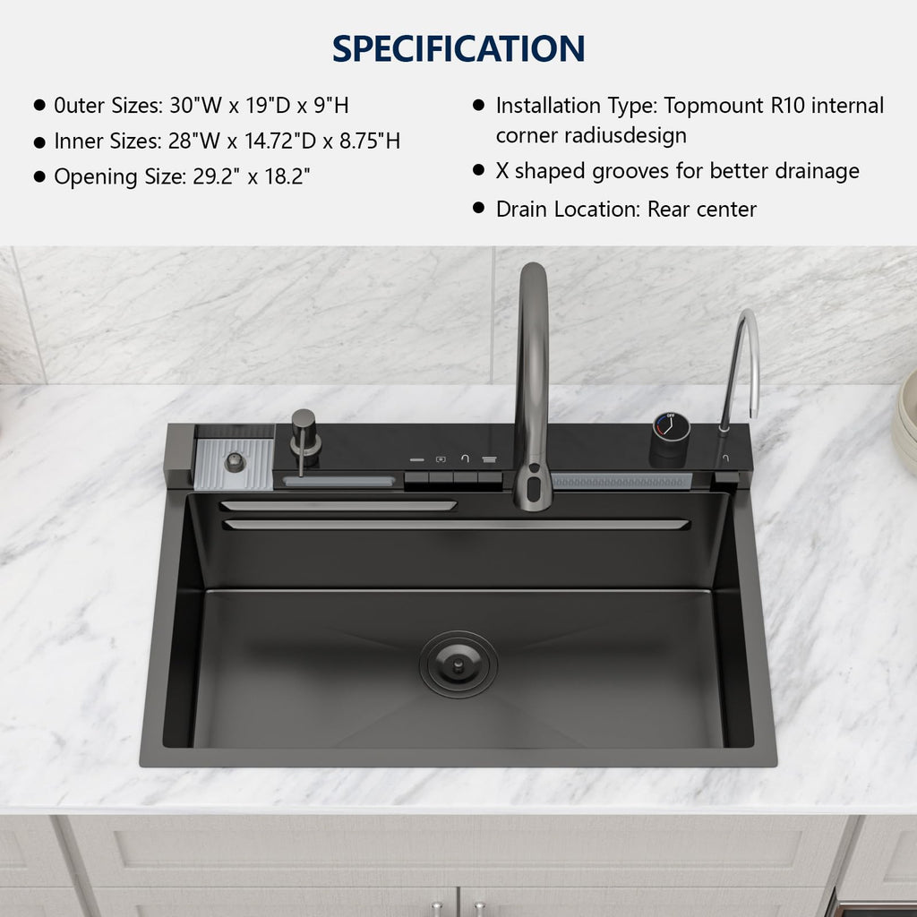30x19 Inch Black Waterfall Sink with Digital Display