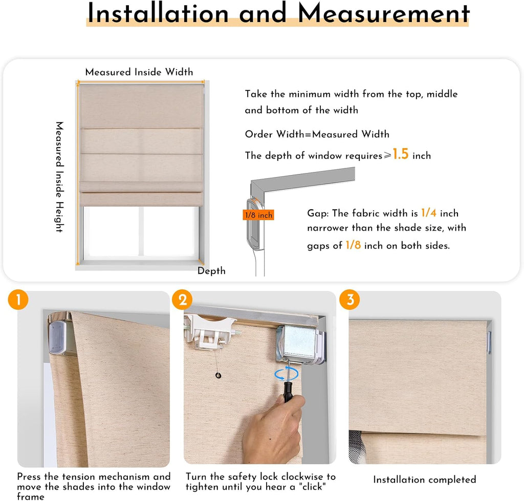 No Tools No Drill Cordless Roman Shades for Indoor Windows, Linen Fabric Light Filtering Roman Blinds, Privacy Window