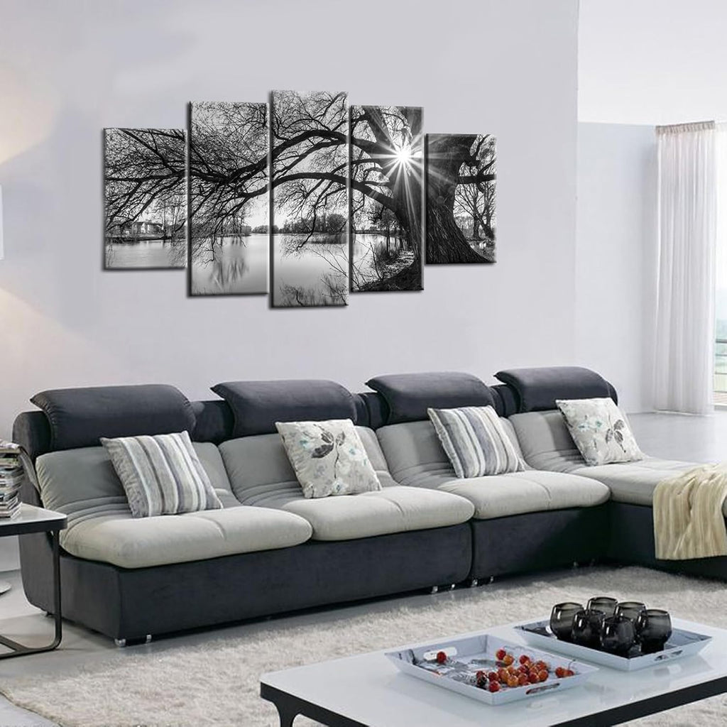 5 Pieces Wall Art Old Tree by Lake Picture Canvas Prints Sunrise Painting Black and White Landscape Canvas Art Modern
