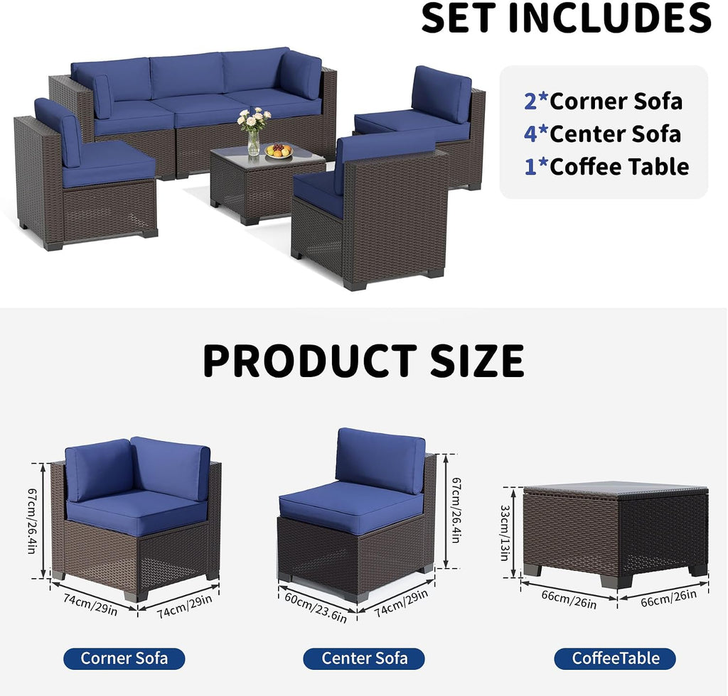 7-Piece Outdoor Sectional Patio Furniture Set, All-Weather Wicker Rattan Sofa w/Thick Washable Cushions & Tempered
