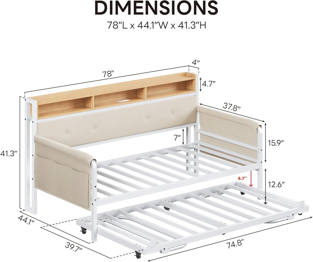 Daybed with Trundle, Twin Bed Frame,White | with Upholstered Headboard and Charging Station, Sofa Day Bed with Strong