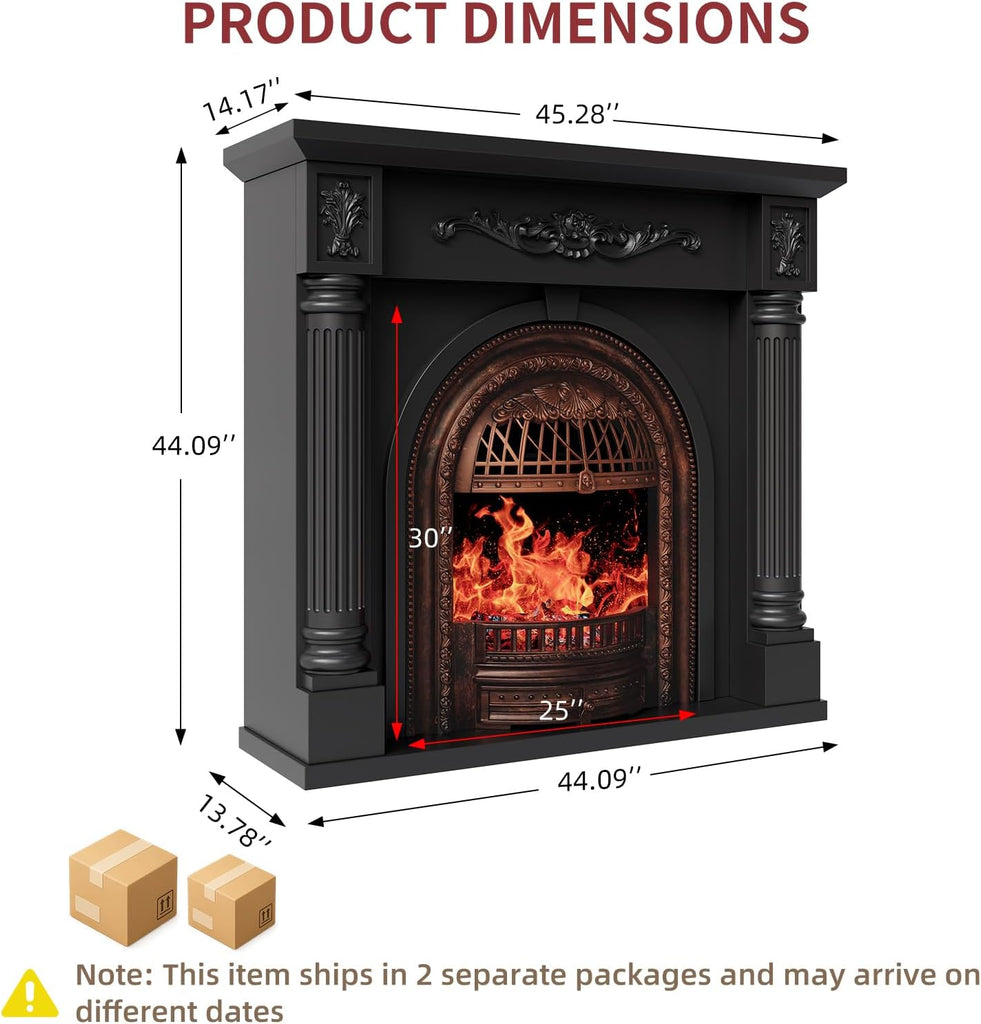 45 Inch Electric Fireplace with Mantel, Solid Wood Fireplace TV Stand, Roman Column Fireplace Entertainment Center