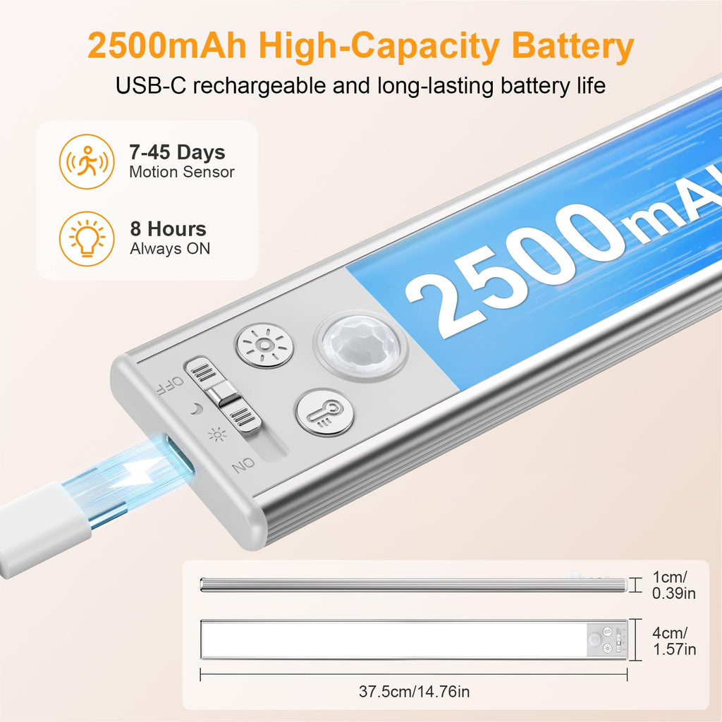 Under Cabinet Lighting 14.7inch,2 Pack Eye Caring 3-Color 4 Working Modes Dimmable Motion Sensor Light