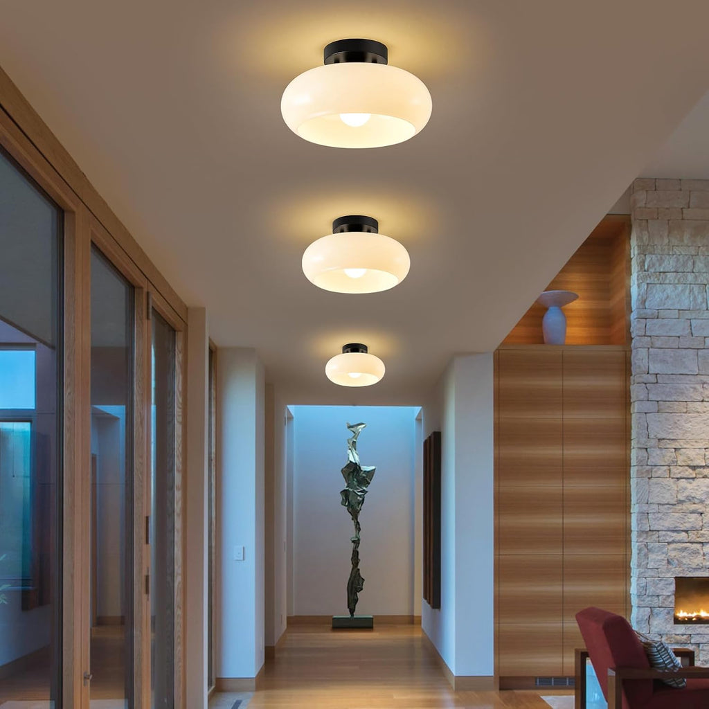 Mid-Century Modern Black Semi Flush Ceiling Light 11.0 Inch | Small White Glass Shade Close to Ceiling Lighting