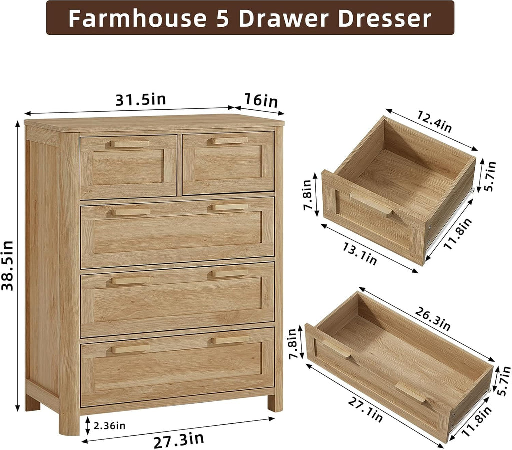 Farmhouse 5 Drawer Dresser , Vertical Dressers Chest of Drawers with 5 Deep Drawers & 4 Thickened Table Legs, Natural